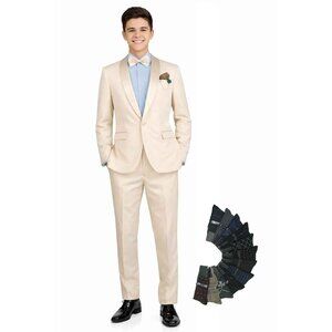 Men’s Slim-Fit Stretch Tuxedo—Bow Tie, Built‑In Pocket Square & Socks-Champagne